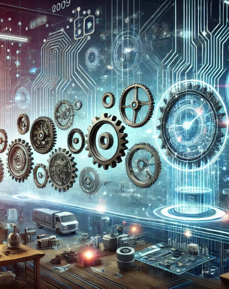 Kombination aus Zahnrädern und Digitaltechnik in futuristischem Umfeld.