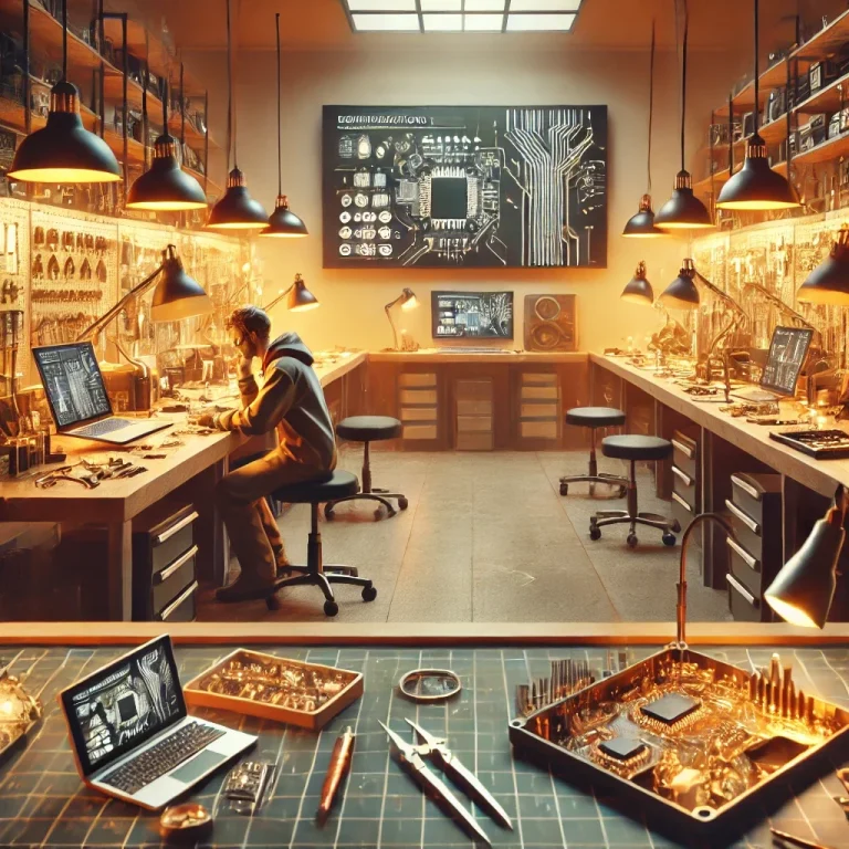 Werkstatt mit Computerkomponenten, Laptops und einem Techniker bei der Arbeit.