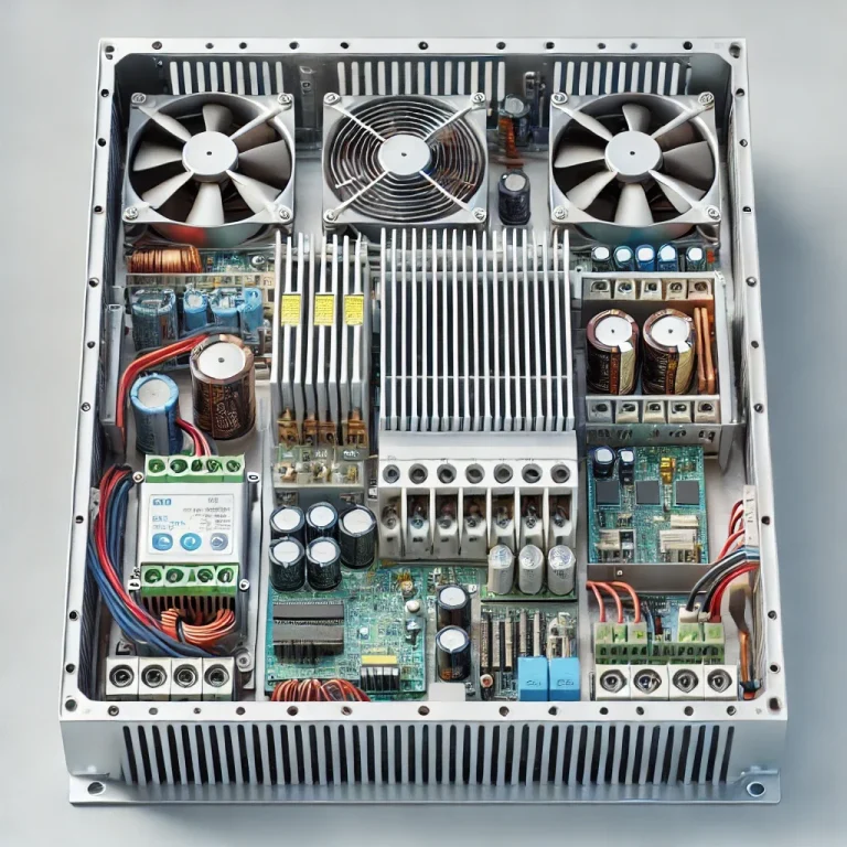 Detailreiche Anordnung elektronischer Komponenten in einem Gehäuse mit Kühllüftern.