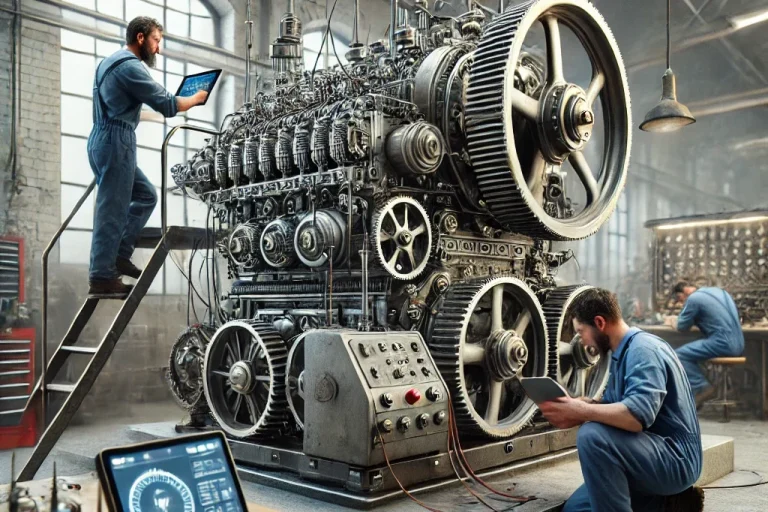 Zwei Techniker arbeiten an einer großen Maschine in einer Werkstatt.