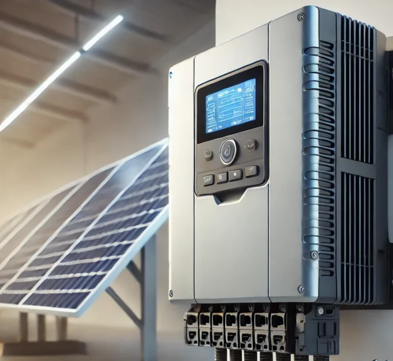 Solarpanel mit Wechselrichter in einem modernen, hellen Raum.