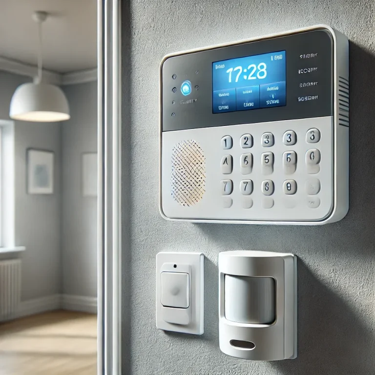 Moderne Alarmanlage mit Touchscreen und Bewegungsmelder an einer Wand.