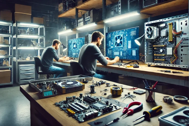 Zwei Techniker arbeiten an Elektrohardware in einer Werkstatt mit Werkzeug und Materialien.