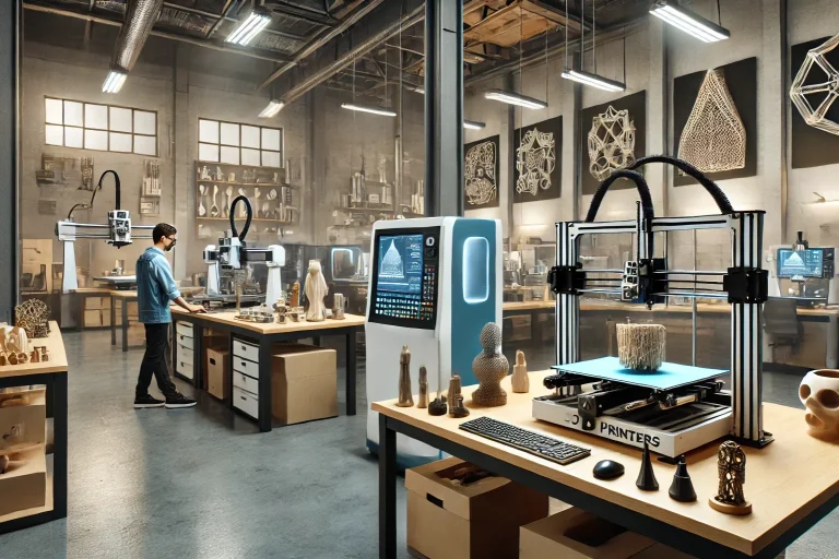 Moderne Werkstatt mit 3D-Druckern und Bearbeitungsmaschinen.