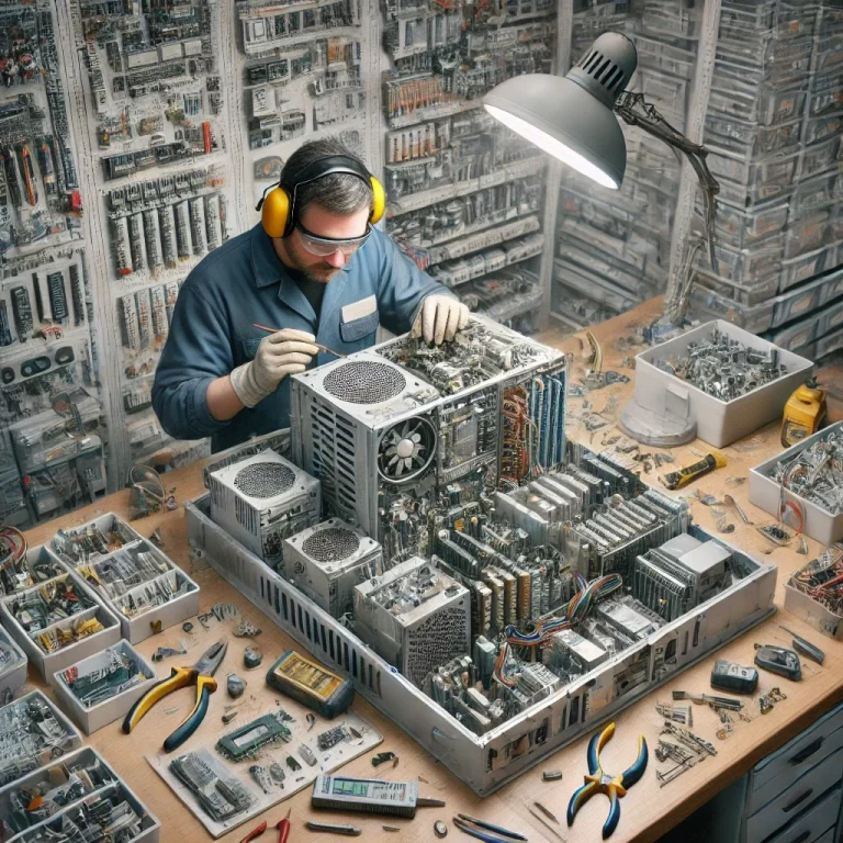 Ein Techniker arbeitet an einem Elektrogerät, umgeben von Werkzeug und Bauteilen.
