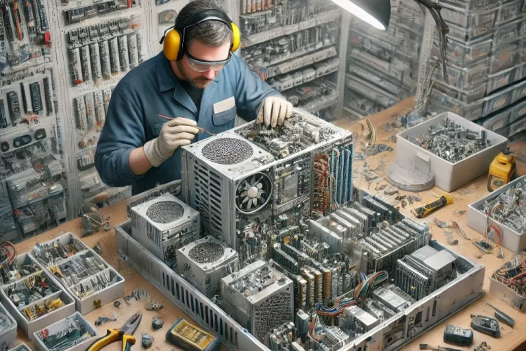 Ein Techniker arbeitet an einer Computerplatine in einem Werkstattumfeld.
